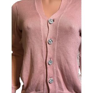 Julien David button-up long sleeve knit pink back fringe sweater S